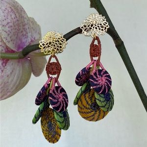 Hand Made Woven Palm Leaf Multicolor Long Earrings Gold Plated